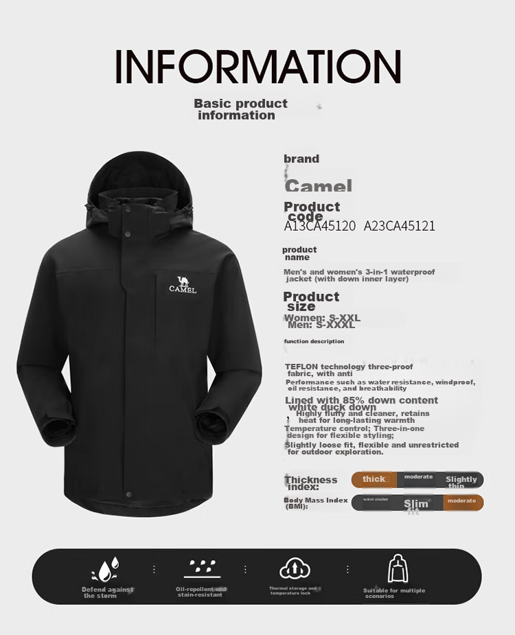 CAMEL 3-in-1 Thickened Down Jacket for Men and Women Couples Outdoor Climbing Jacket A23CA45121 15