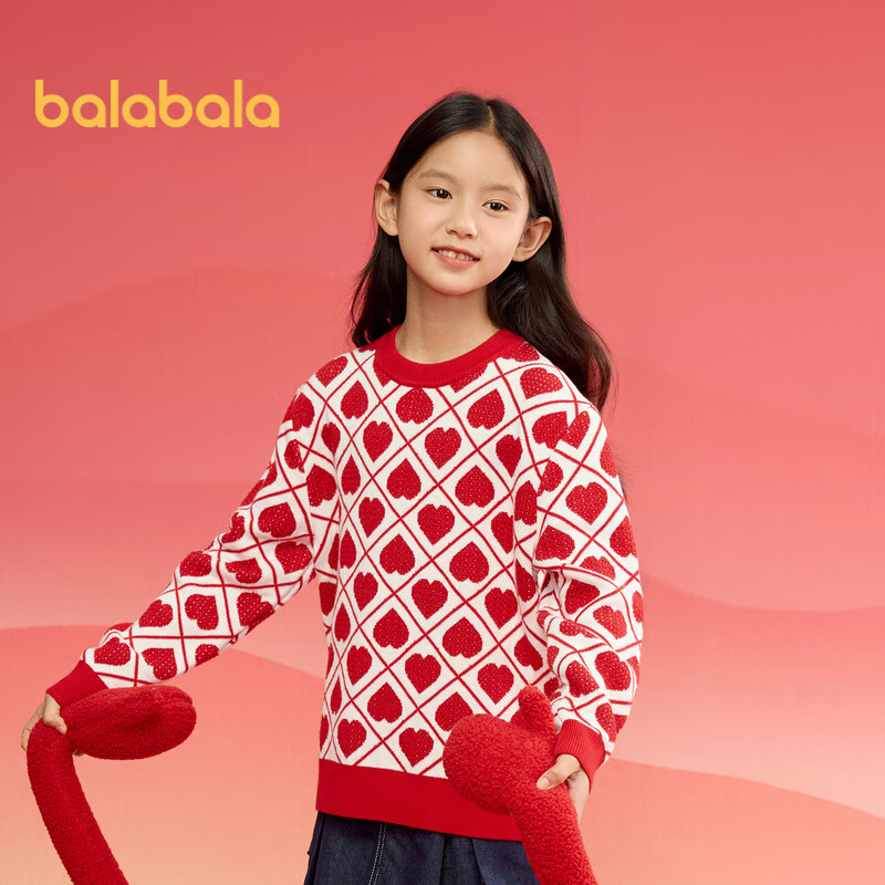 BALABALA Girls' Sweater, Children's Knitwear, Spring And Winter Clothing, Heart Pattern, for Older Children, Knitted Top