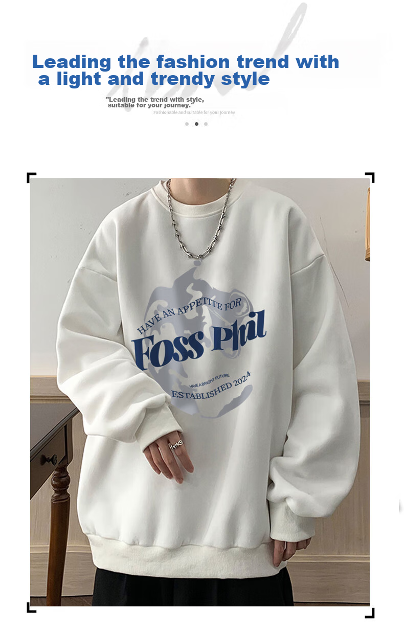 Foss Phil Men's Sweatshirt Spring Autumn Trendy Brand Crewneck Printed Oversize Casual Long Sleeve Base Shirt FPW1 Apricot 3XL 1