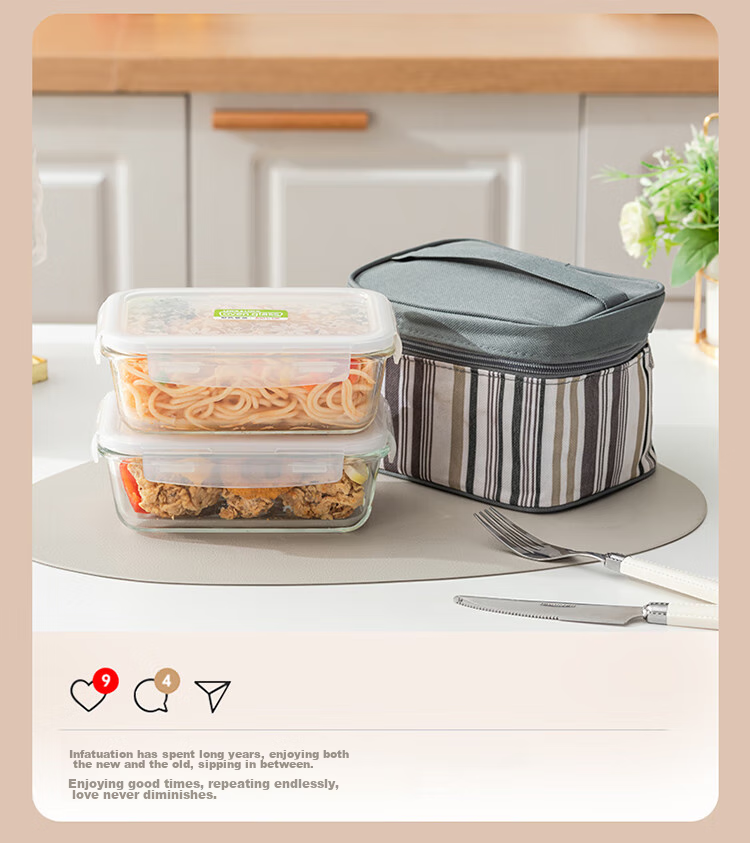 LOCK&LOCK Insulated Glass Food Storage Container Set with Dividers, Lunch Box 600ml + 500ml with Lunch Bag 12