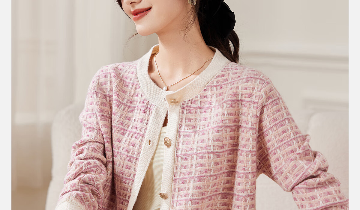 PinCai Women's Loose Plaid Jacquard Knit Cardigan Elegant Youthful Knit Jacket P143Z1001 1