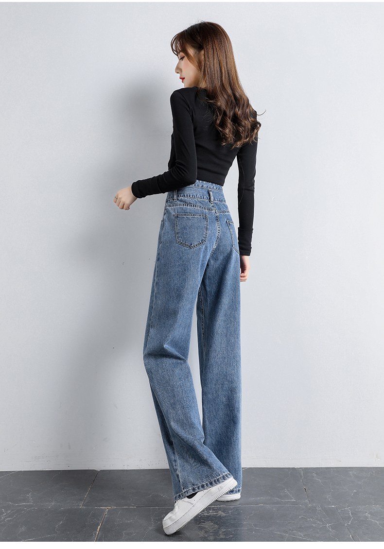 Jeanswest Women's High-Waisted Slimming Straight-Leg Wide-Leg Jeans with Design Flair, Summer Style, Light Blue, Size L 27