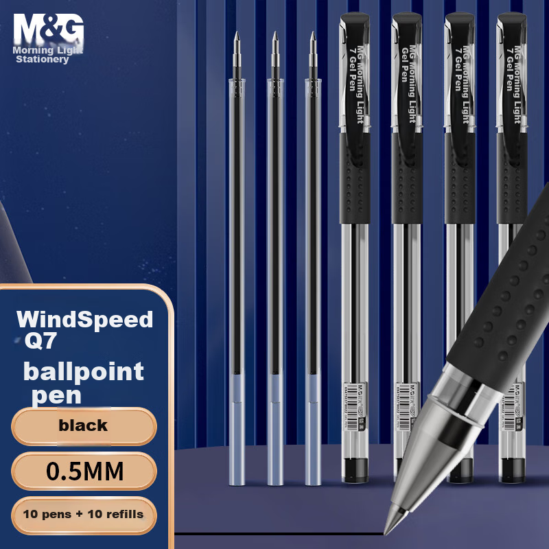 M&G Stationery Q7 Retractable Gel Pen, Student 0.5mm Black Pen, Signature Pen, Business Bullet Tip, Exam Pen, Office Supplies, Black, 10 Pens + 10 Refills, Back-To Essential