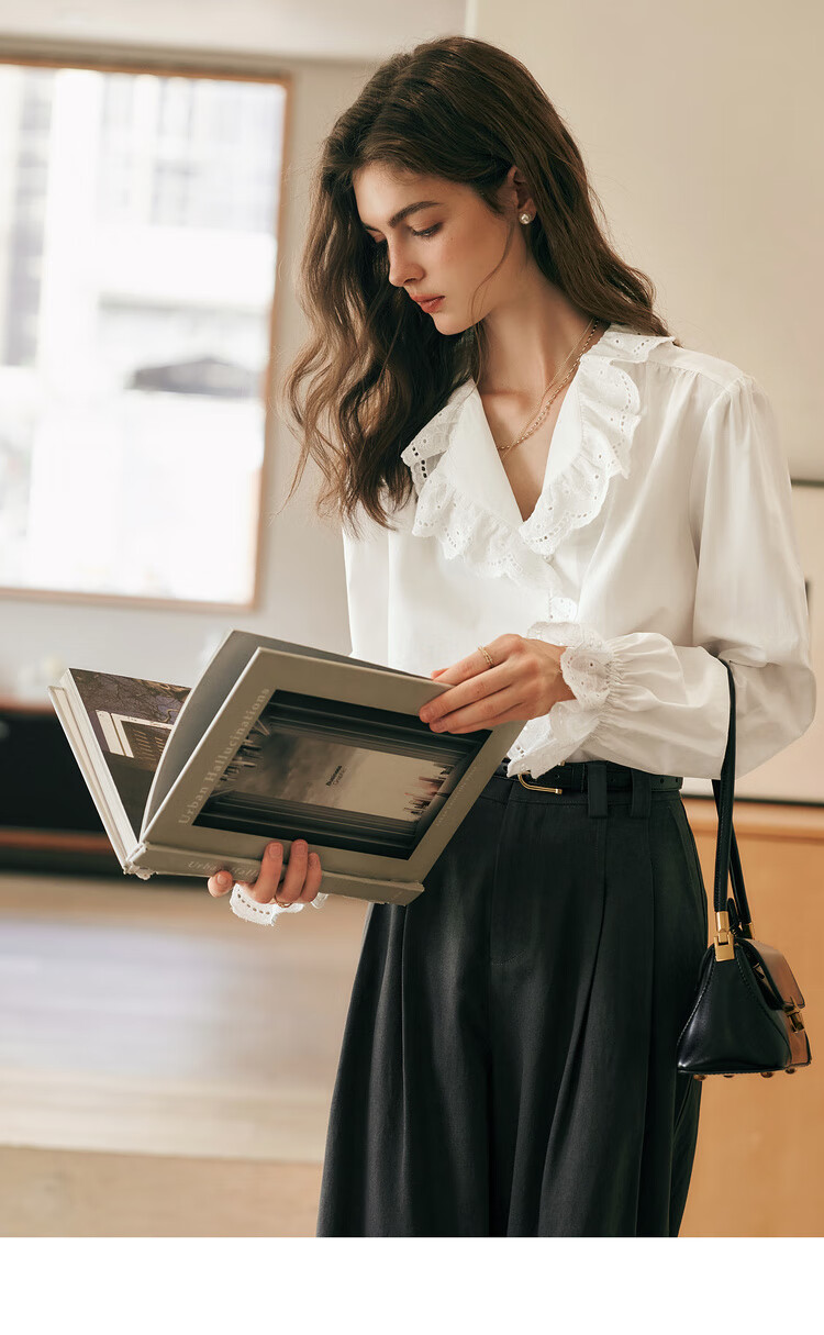 Olrain French Lace Shirt Women Autumn New Elegant Commuter Ruffled Collar Blouse Off-White S 8