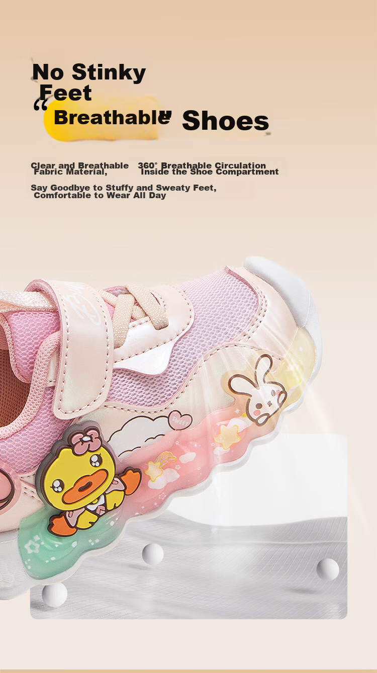B.Duck Children's Shoes, Girls' Soft-Soled Sneakers, Light-Up Shoes with Flashing Lights, Spring And Autumn Season Bright-Light Shoes, White And Purple, Size 22 4