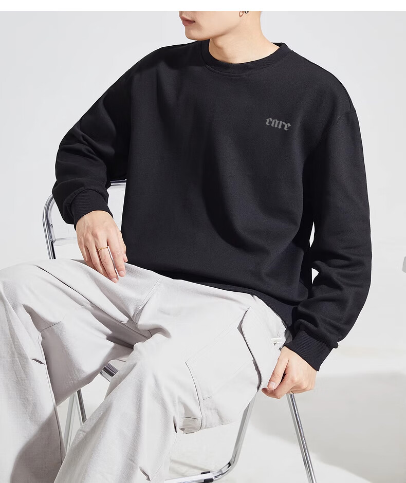 Huili Men's Sweatshirt, 320g Heavy Cotton, Autumn Long-Sleeve T-Shirt, Trendy Inner Layer, Loose-Fitting Men's Top, Black, Size L 12
