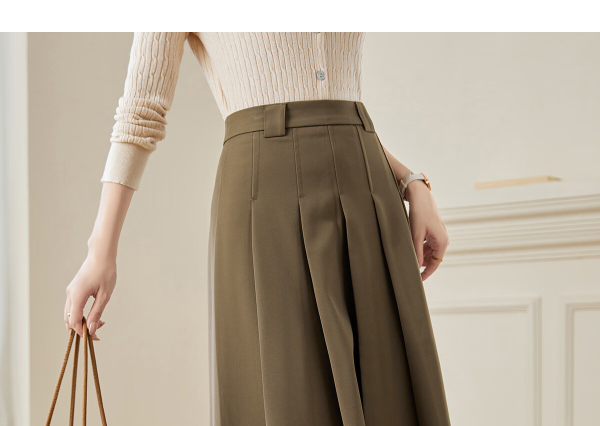Chushen Spring And Autumn Midi Skirt for Women, Wilderness Maillard High-Waist Academic Style A-Line Design Pleated Skirt S143B2003 13