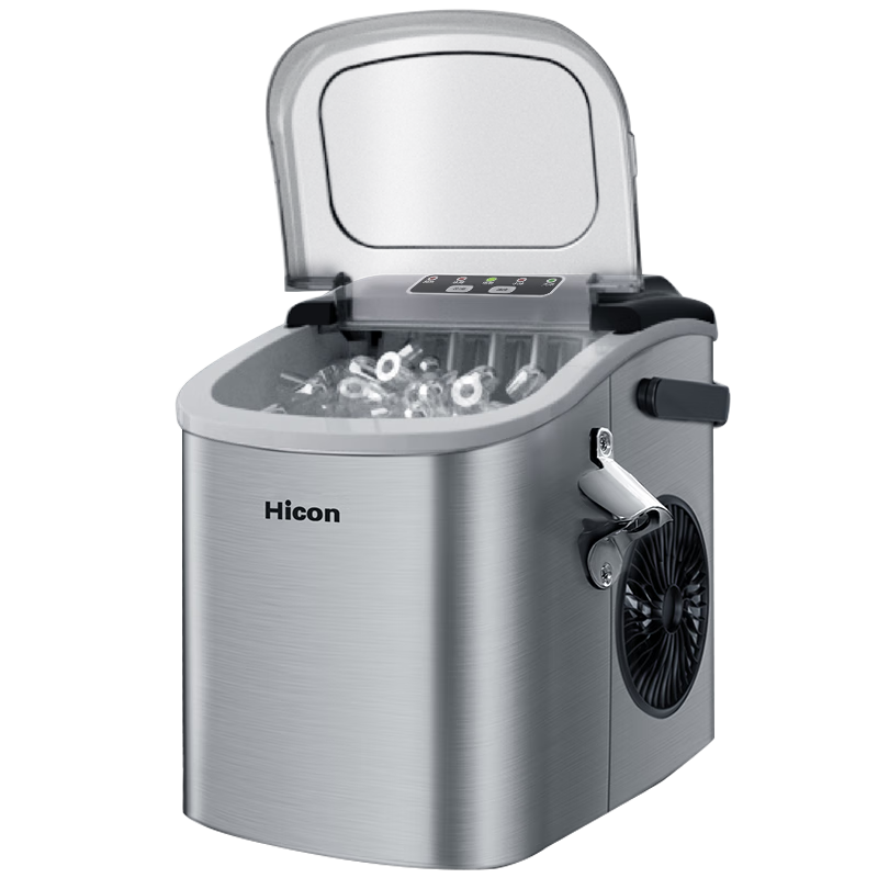 Hicon Ice Maker, Compact Home Use Bullet-Shaped Ice Machine, 15kg Daily Production, Stainless Steel Handle Model, UV Sterilization, Fully Automatic Ice Cube Maker for Dormitory, Small Home Appliance