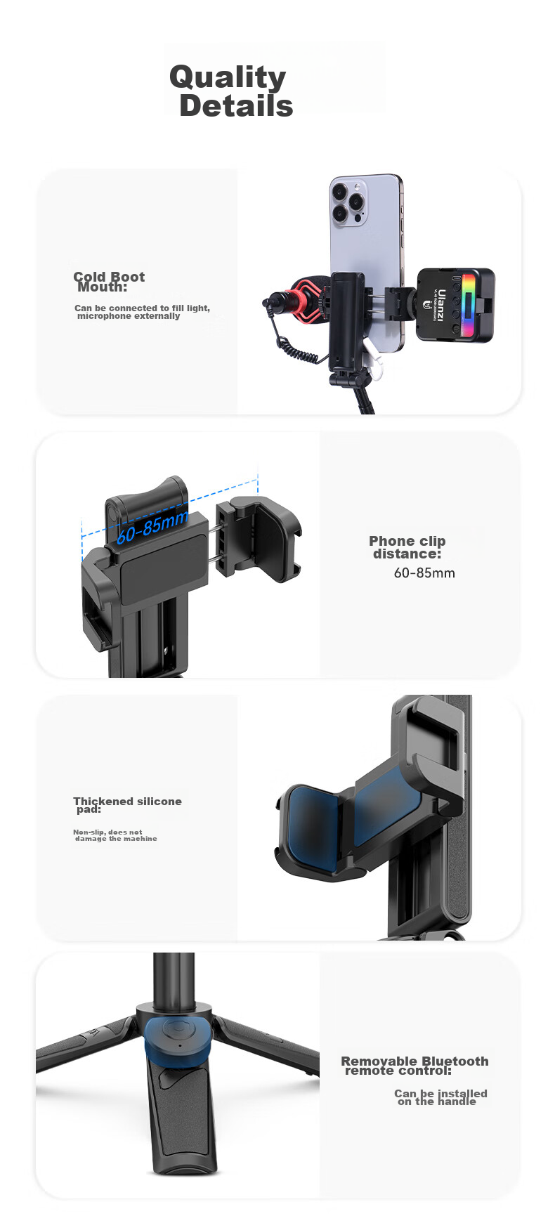 Youlanzi Ulanzi JJ02 Bluetooth Selfie Stick for Smartphone (With Fill Light Kit), Extendable Tripod Handle, Desktop Stand, Rotating Phone Clamp 7
