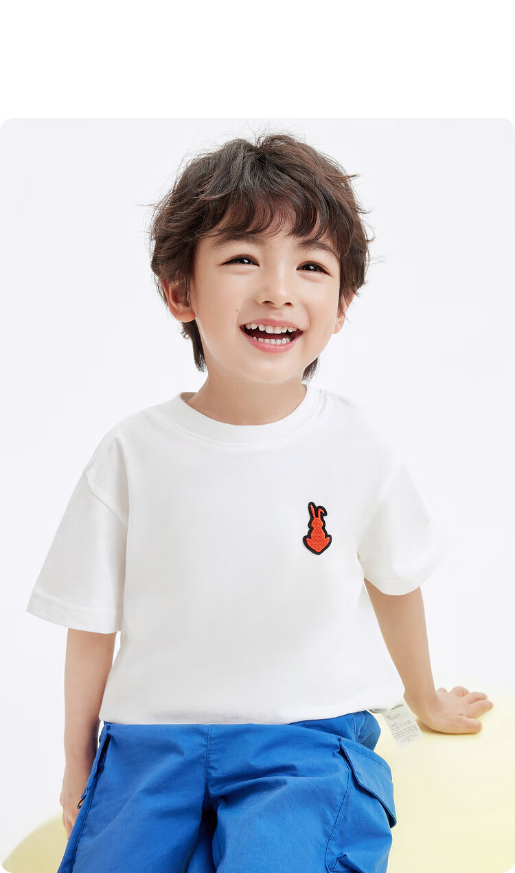 BALABALA Children's Short-Sleeve T-Shirt, Boys' Summer Wear, Pure Cotton Rabbit Embroidery Top, Parent-Child Style, Trendy 10