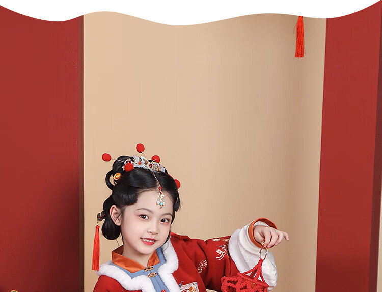 Qibo Girls' New Year Outfit, Winter Hanfu for Children, 2026 New Style Ming Dynasty Horse-Face Skirt, New Year Greeting Costume, Little God of Wealth, Size 150 8