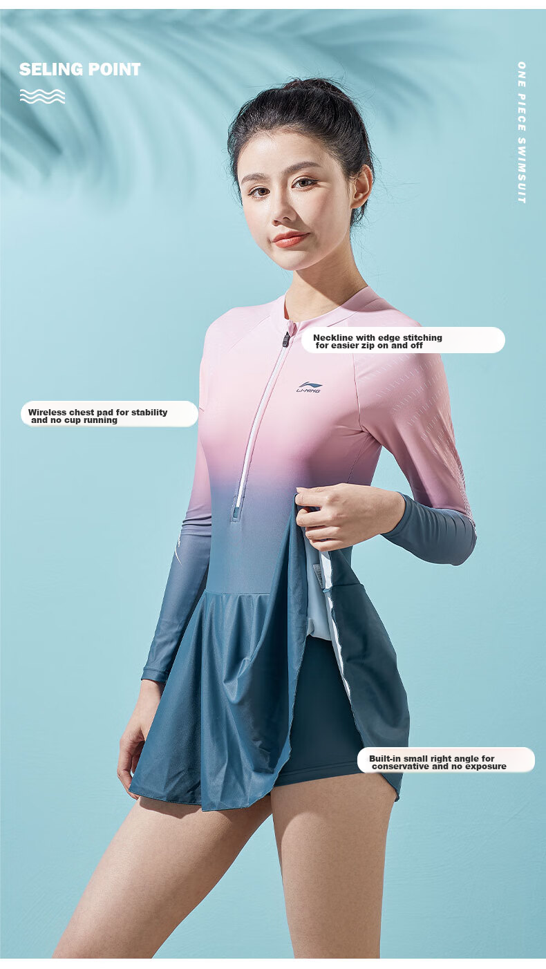 Li-Ning One-Piece Long-Sleeve Dress Swimsuit for Women, Comfortable High-Elasticity Breathable Contrasting Color Hot Spring Resort Swimwear 075 Blue-Red XL 5