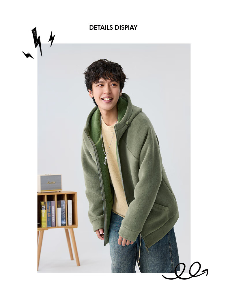 Jeanswest Men's Winter Fleece-Lined Thickened Hoodie Solid Color Double-Sided Fleece Premium Warm Jacket 4