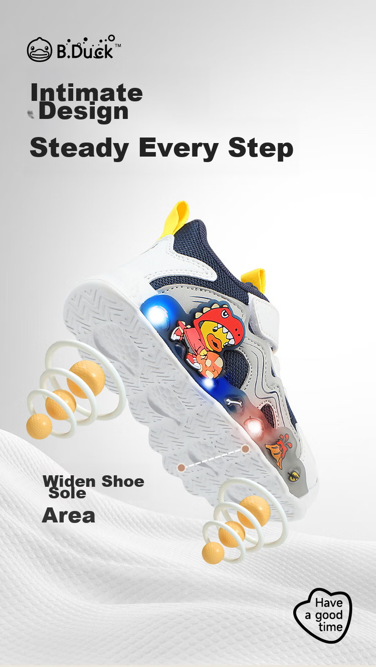 B.Duck Children's Walking Shoes, Boys And Girls Light-Up Shoes, Baby Sports Running Shoes, 3950 Blue White Gray, Size 26 9