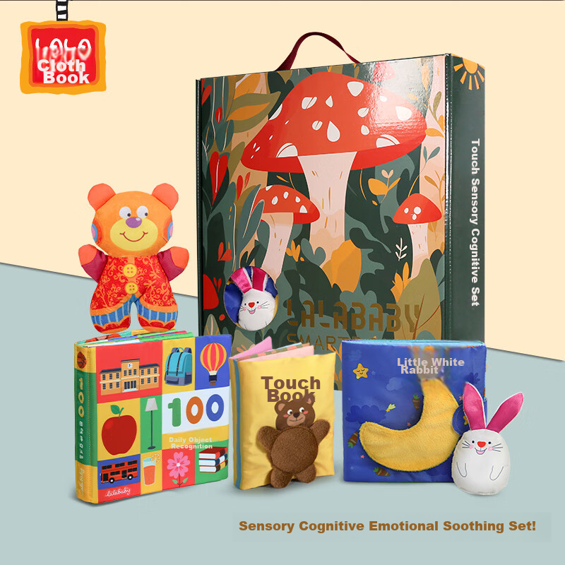 LALABABY Baby Cloth Book, Early Education Tear-Resistant Infant Toy, Touch And Feel Gift Box Set, 4 Pieces