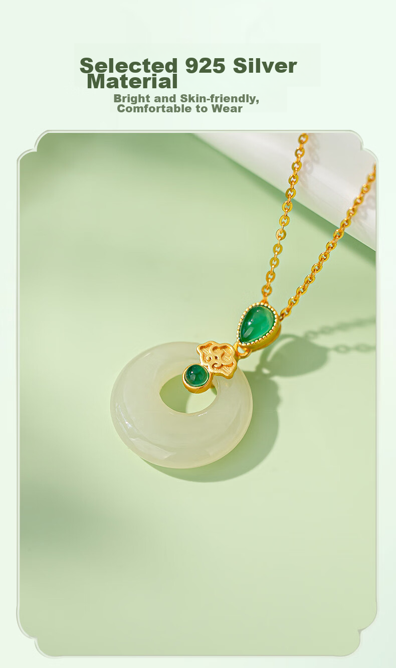 Qlady Hetian Jade Peace Buckle Necklace for Women, 925 Silver Jewelry Jade Pendant, Mother's Birthday Mid-Autumn Festival Gift for Mom 7