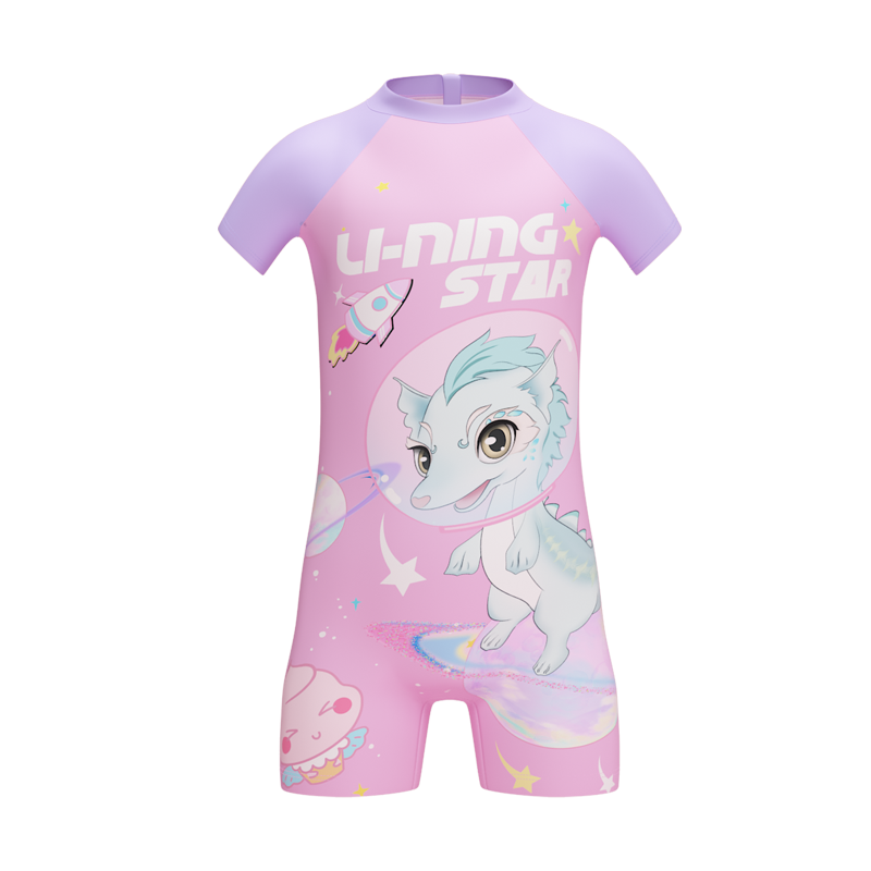 Li-Ning Children's Swimsuit, Girls' One-Piece Cartoon Print, Breathable Quick-Dry Swimwear, Hot Spring Bathing Suit, 906 Pink, Size 130