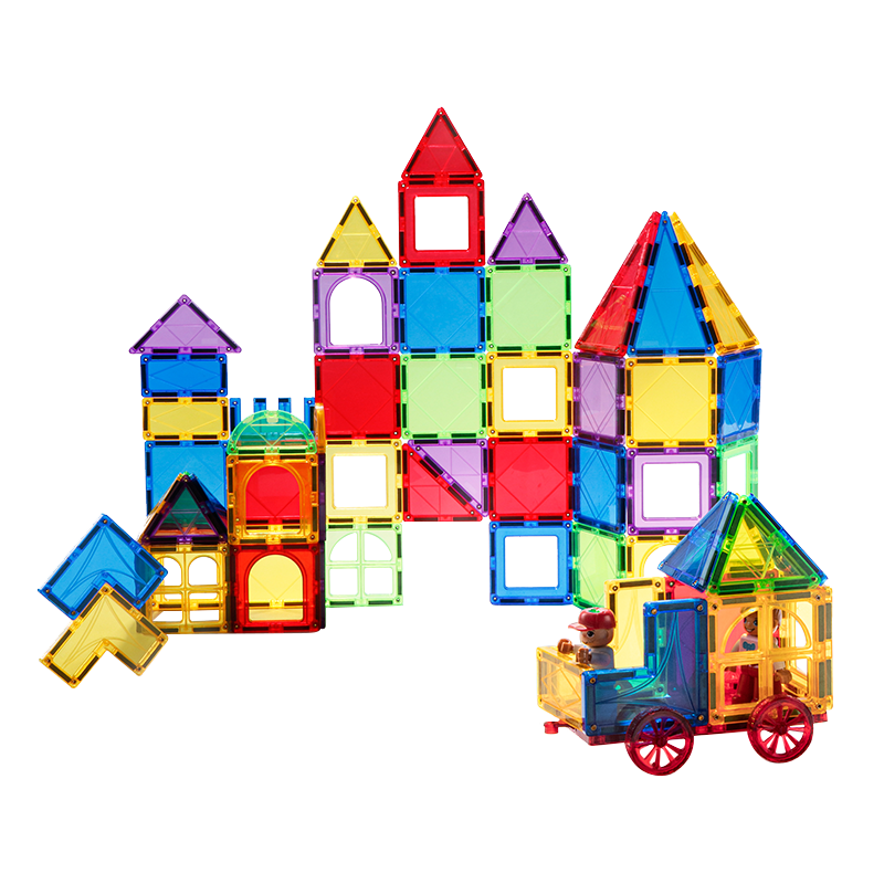 MAGPLAYER Children's Toy Colorful Window Magnetic Tiles, Magnetic Building Blocks for Boys Aged 3-6, Birthday Gift, 100 Pieces with 2 Small Cars