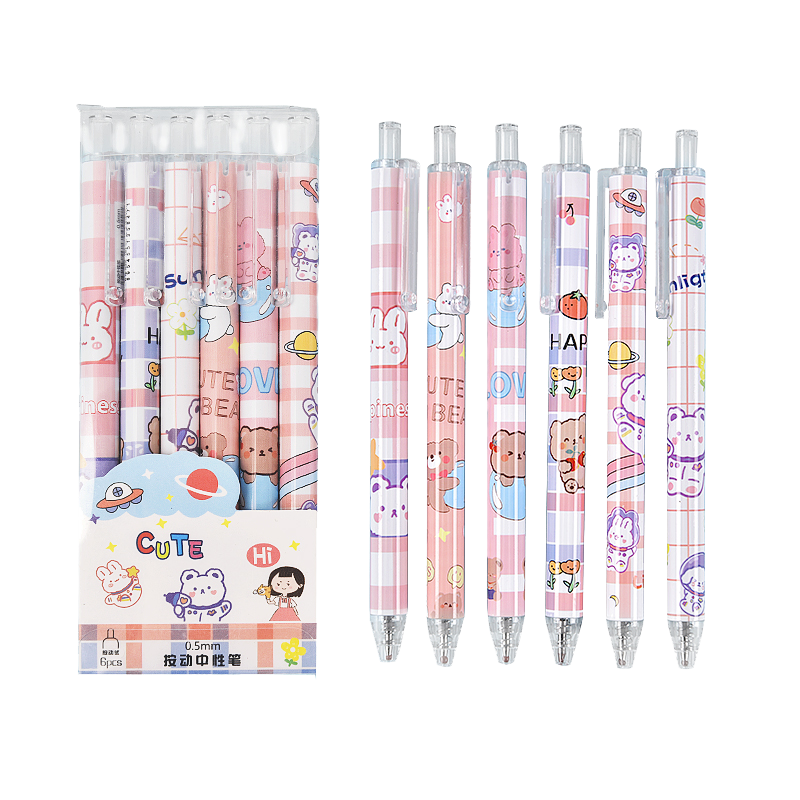Yuhe Retractable Gel Pen, 0.5mm, Black Ink, Cartoon Cute Design, Quick-Drying Signature Pen, Student Exam Writing Pen, Middle And High School Entrance Exam Encouragement Set, 6 Pens, 2223 Xiong An'a