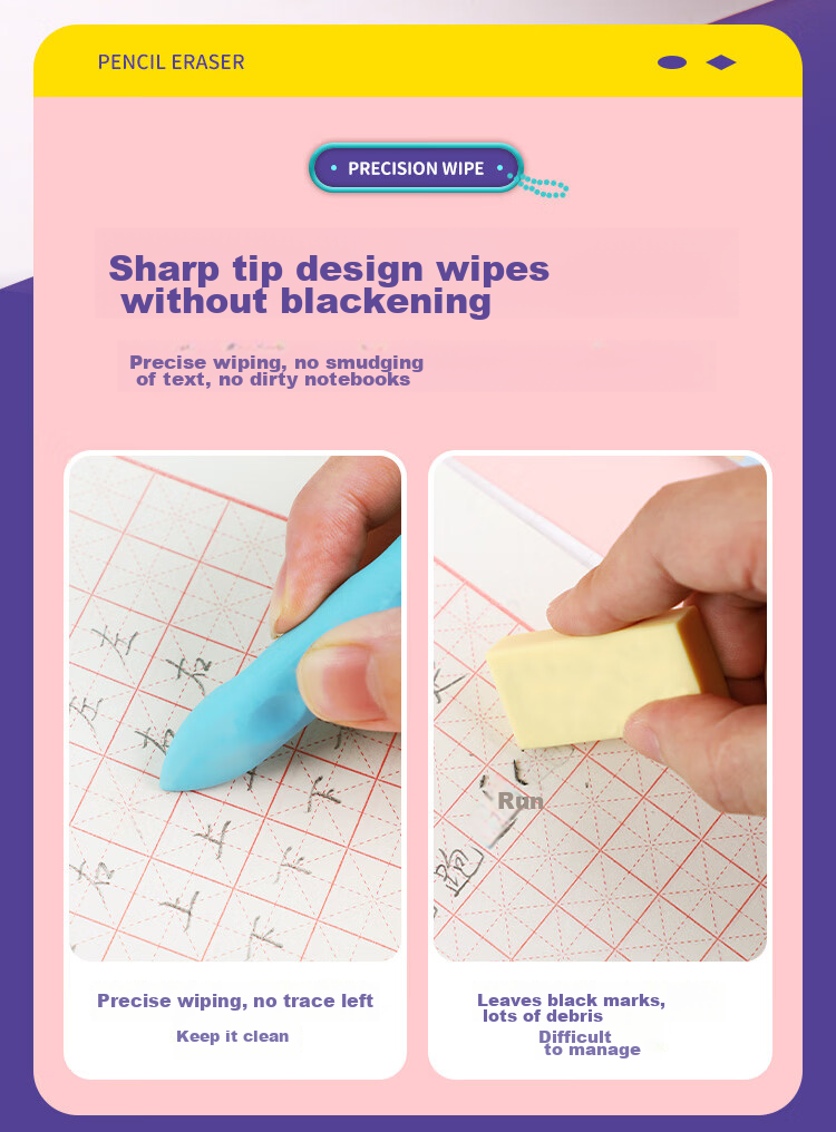 Zhonghua 3-Pack Large Perforated Erasers, Anti-Loss, Hangable, Easy to Erase, Low Debris, Clean, Suitable for Mechanical Pencils, Pen-Shaped Children's Erasers, Thick And Thin Dual-Headed, EB0005-1 Back-To Stationery 4