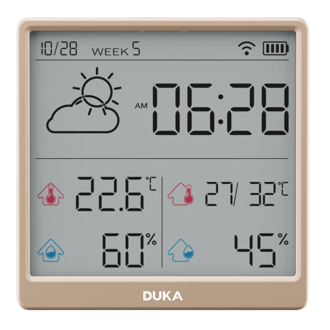 DUKA Indoor Thermometer And Hygrometer with Clock, WiFi Smart Home Digital Display Electronic Clock with Adhesive Stand TH3 Champagne Gold