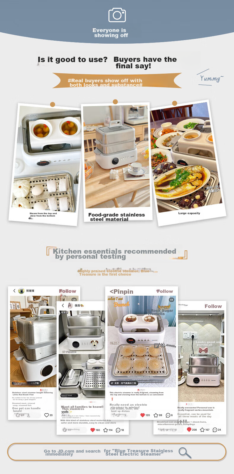 BLAUPUNKT Stainless Steel Electric Steamer, Multifunctional Steaming And Stewing Pot, 10L Double-Layer Steamer, All-In 24H Smart Reservation Cooking Pot, Steamed Bun Electric Stew Pot ZG03B 3
