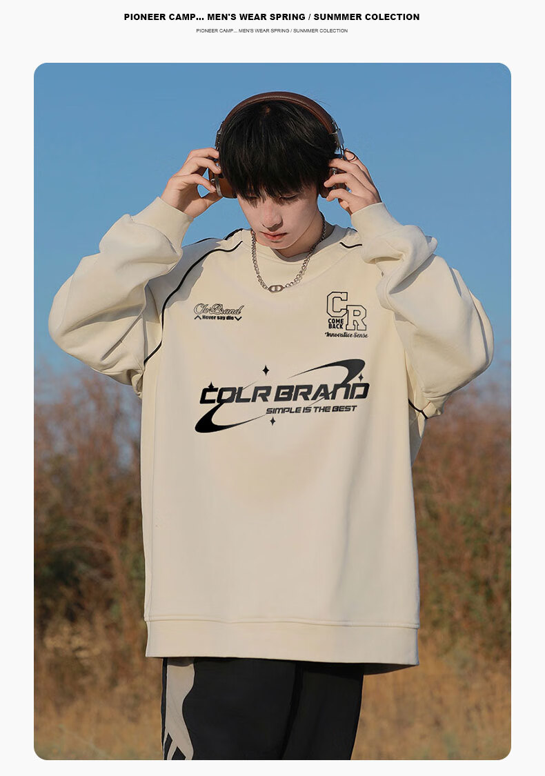 CLOR American-Style Striped Patchwork Sweatshirt for Men, Spring And Summer Style, Trendy Casual Loose Long-Sleeve T-Shirt WYC10 White M 9