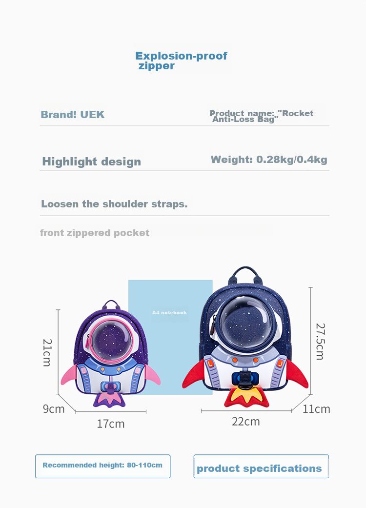 UEK Anti-Lost Backpack for Boys And Girls Aged 1-3 Kindergarten Anti-Lost Rocket Large Blue Children's Small Schoolbag 5