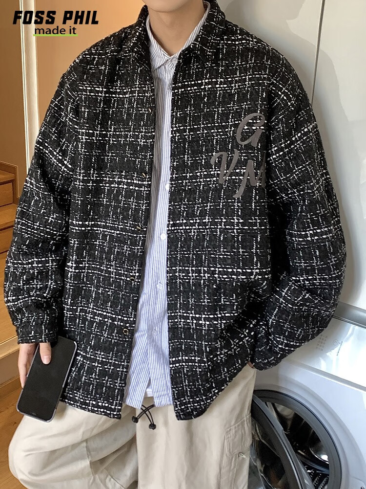 Foss Phil Men's Jacket, Spring And Autumn Fashion Brand Chanel-Style Coat, Plaid Lapel, Korean Version Loose Outerwear, FPJK10 Black M 9