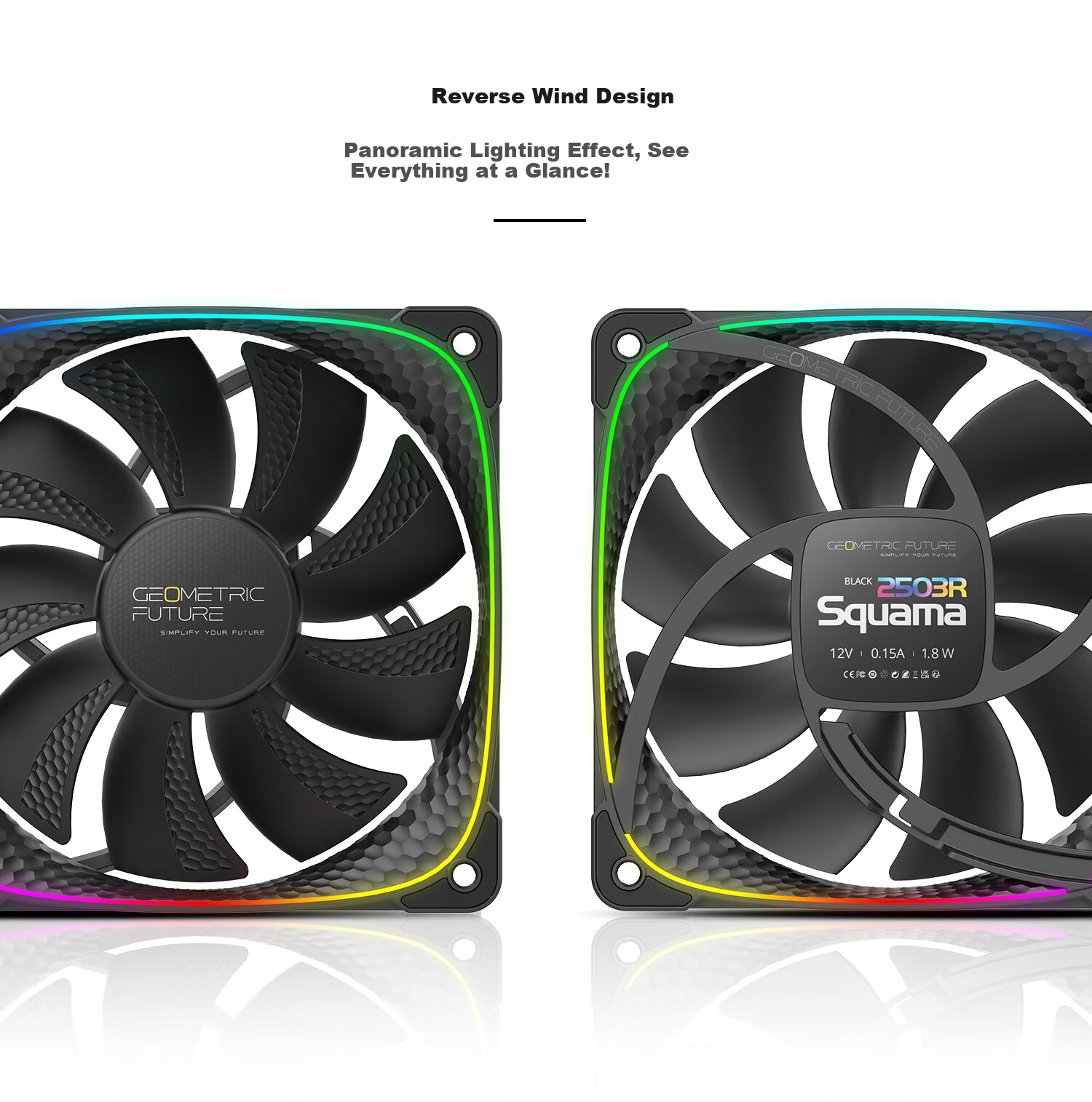 GeometricFuture Case Cooling Fan, Longshen 2503R Reverse Blade Fan, Black, ARGB Light Synchronization/PWM Speed Control, Single Pack 3