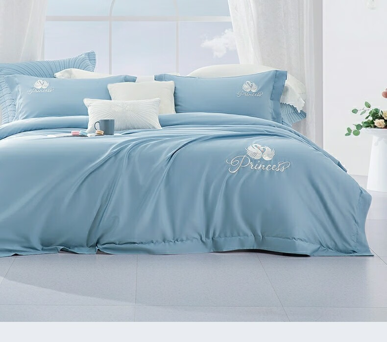 Shuixingjiafang Bedding Set, 60-Count Long-Staple Cotton, Chinese Embroidery Style, Xinjiang Cotton Duvet Cover And Fitted Sheet, Luxury High-End Gift Box Set for 1.5m Bed - Swan Blue 2