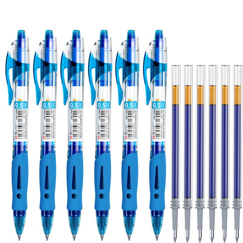 M&G Stationery GP1008 Retractable Gel Pen, Student 0.5mm Signature Pen, Business Bullet Tip Pen, Doctor Prescription Pen, Office Supplies, Blue, 6 Pens + 6 Refills
