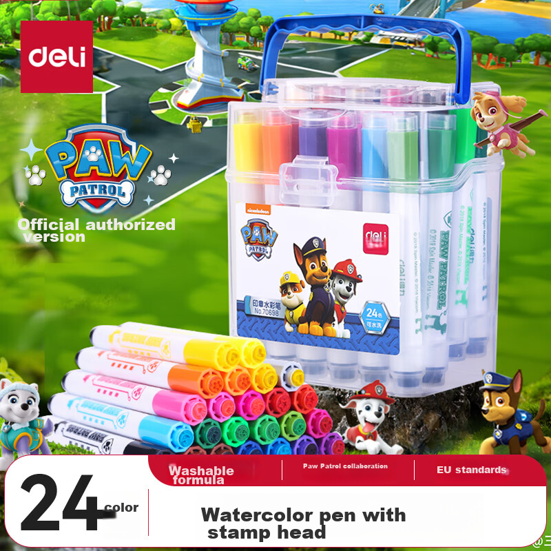 Deli [Free Shipping] 24-Color Easy-To Watercolor Pens with Stamp Tips, Paw Patrol, Student Watercolor Pens, Children's Drawing Pens, Painting And Doodling Pens for Birthday Gifts