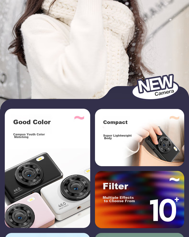 BENJIE Digital Camera, CCD Student Point-And Camera with Image Stabilization, COMS High-Definition Mini Entry-Level Camera, Quick Direct Transfer, 2.4-Inch IPS Screen, 32GB White 6