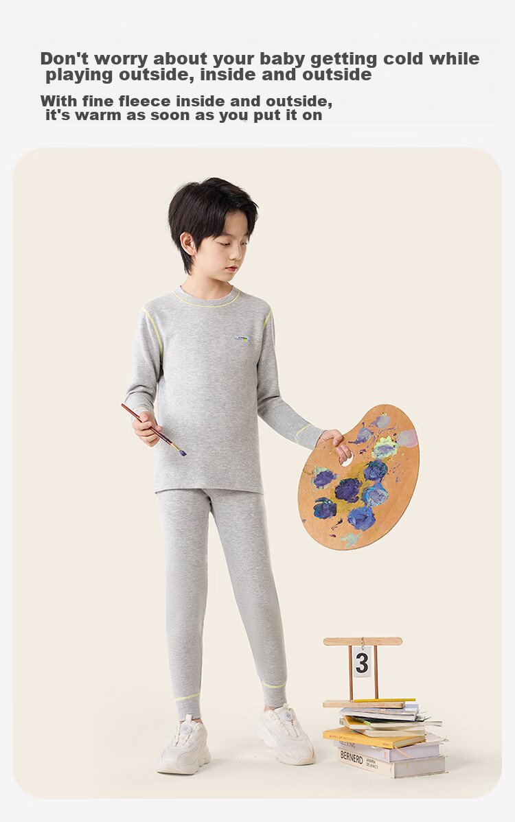 Jiusuiban Children's Thermal Underwear, Boys' Autumn And Winter Medium-Thick Fleece-Lined Cotton Sweater And Pants, for Older Kids, Fleece-Lined Top And Bottom 8
