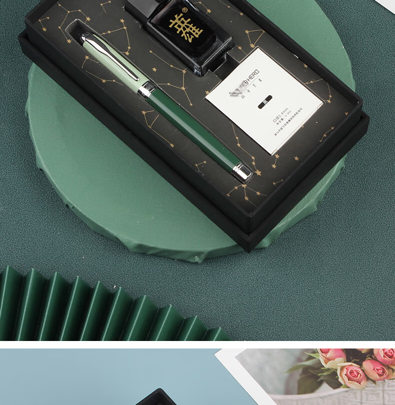HERO Fountain Pen, Gift Box Morandi Contrasting Color Iridium Gold Fountain Pen, Business Office Neutral Signature Pen Ink Set, Twilight Green Glossy Finish 13