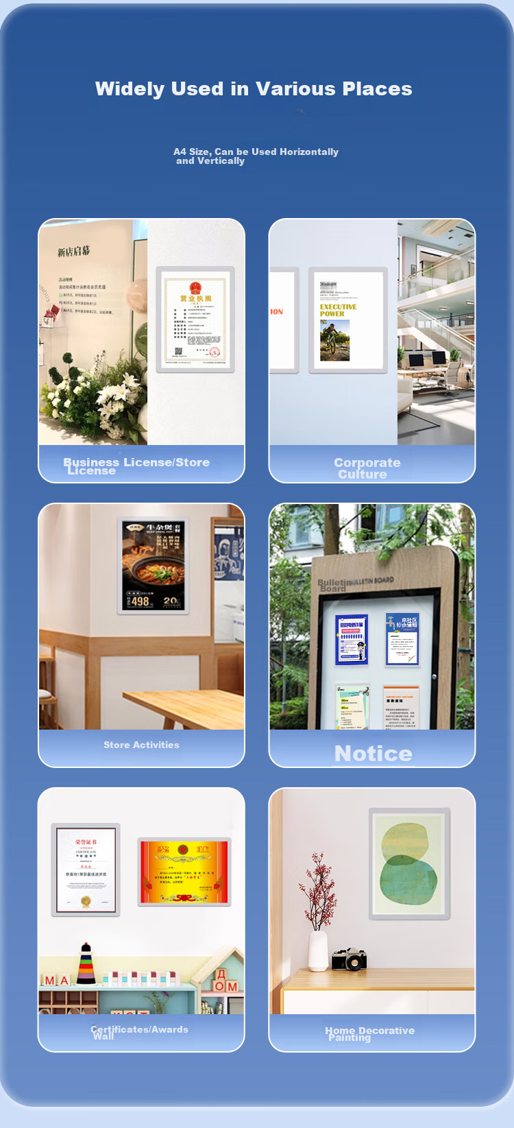 COMIX Business License Frame A4 Magnetic Display Holder for Business License Copy Protection And Notice Board Sticker EB2362 (297x210mm) Silver 3