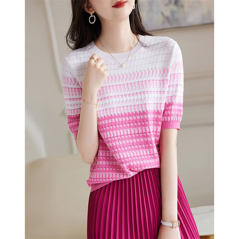 Dme [Bingchuan Meiros] Spring And Summer Double-Curved Ice Linen Sweater, Round Neck, Contrasting Color Jacquard, Petite Knit Top for Wome