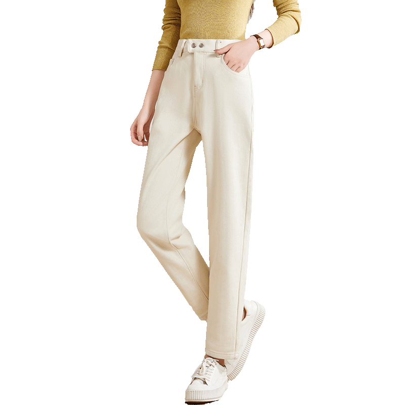 PinCai Women's Jeans, Spring And Autumn White High-Waisted Slimming Heightening Versatile Casual Trousers P143N1010