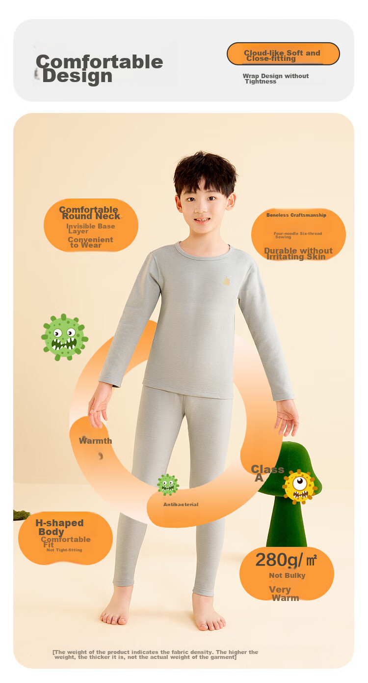 Hodohome Children's Autumn Underwear Set for Boys, Antibacterial Brushed Wool And Silk Blend Thermal Underwear without Bone Structure, Warm Inner Wear 203 150 9