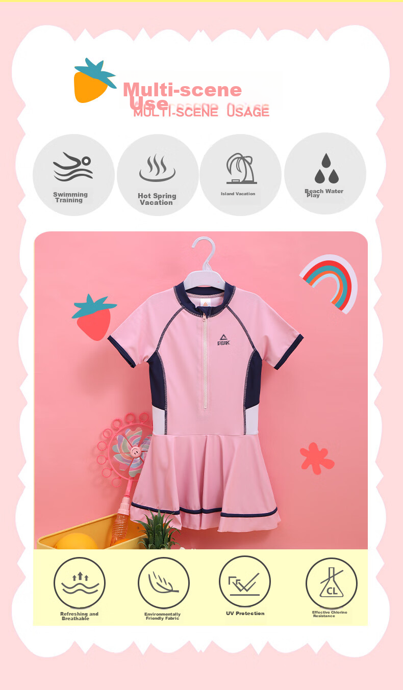 PEAK Children's Swimsuit for Girls, Summer One-Piece Princess Dress Style Sun Protection Swimwear for Older Girls, Hot Spring Bathing Suit, Y Pink, Size 160 2