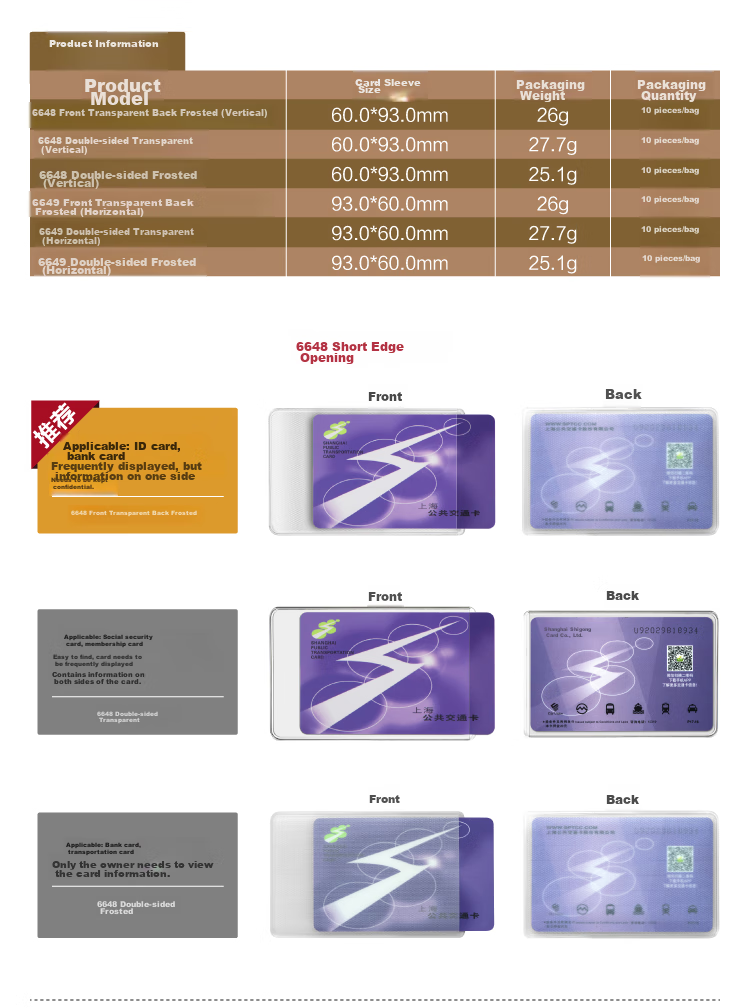 UHOO [Super Popular] Frosted Transparent Card Holder for Bank Cards, 10-Pack Transportation Bus Card Holder Film ID Card Case 6648 6