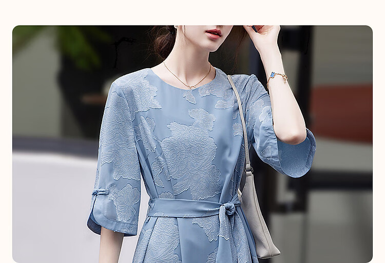 Dme (Unbelievably Comfortable) Spring And Autumn Delicate Jacquard Flared Seven-Quarter Sleeve Classical Button-Up Loose-Fitting Dress with Hidden Pockets 3