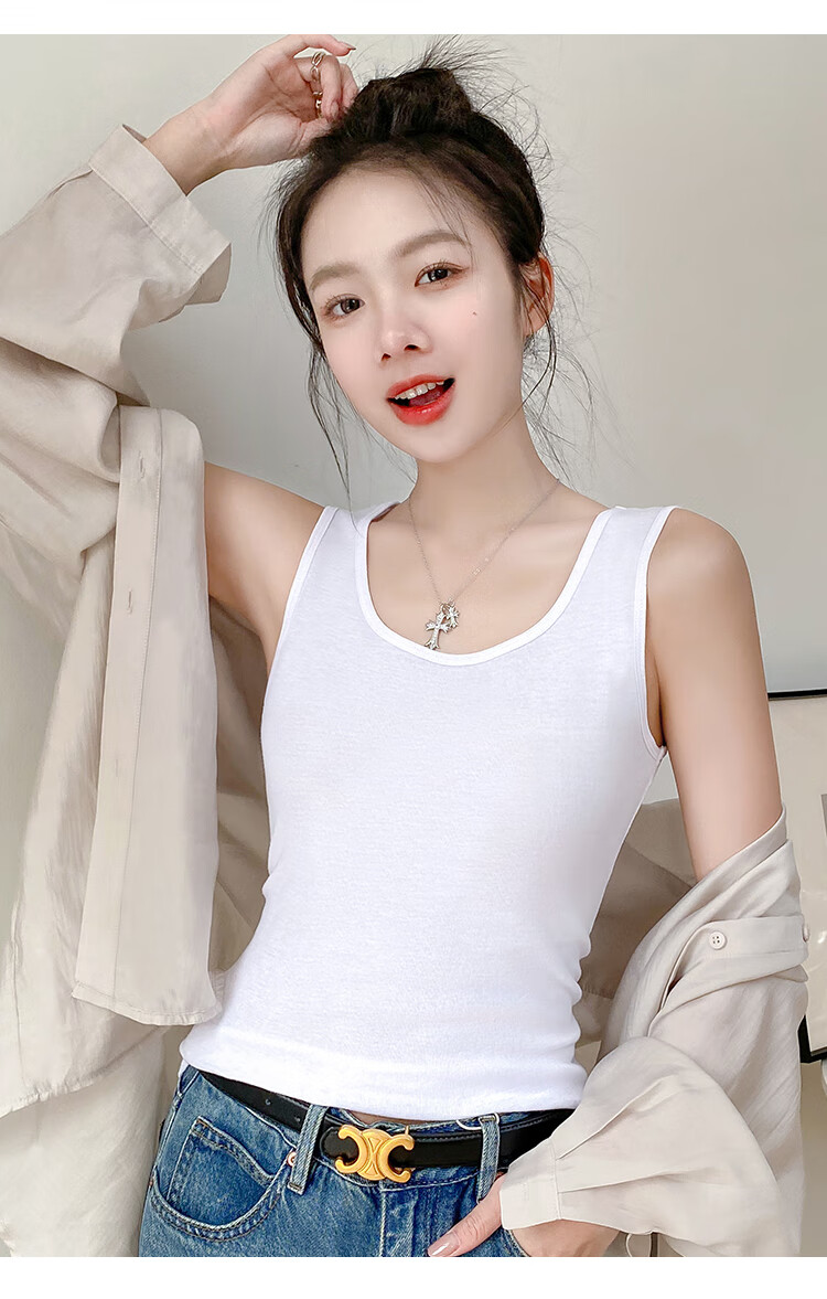 Hengyuanxiang [Pure Cotton] Women's Camisole Tank Top, Beautiful Back Design, Can Be Worn As Outerwear, Round Neck - Gray 15