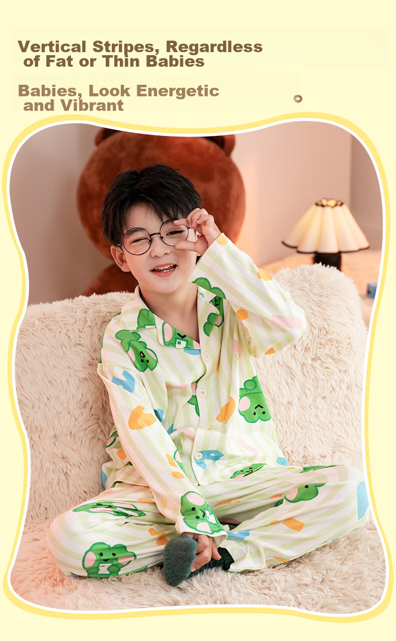 Fenteng Children's Pajamas, Boys' Brown Bear Design, Authentic Early Spring Pure Cotton Striped Sleepwear for Older Childre 5