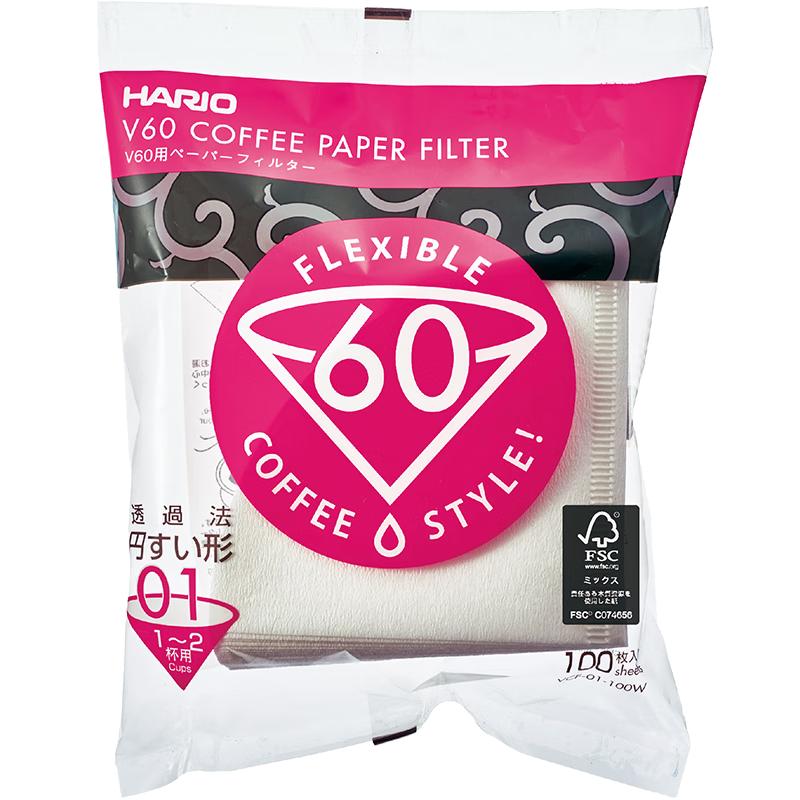 HARIO Original Imported V60 Pour-Over Coffee Filter Paper, Filter Mesh, Filter Bag, Coffee Maker Filter Paper, Bagged, 110 Pieces, Size 01