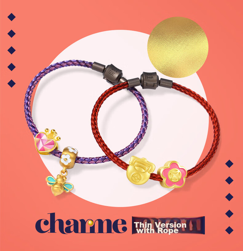 CHOW SANG SANG [Xian Sheng] Beaded Bracelet, 3mm Thin Version, Lucky Bead Cord, Leather Strap for Men And Women, Fixed Price Stainless Steel Cord - Red E15 5