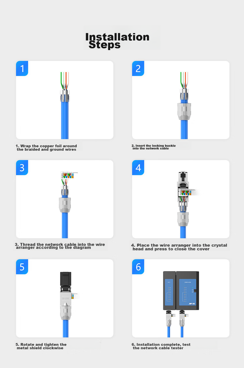 SK-LINK Cat7 Toolless Crystal Head, Engineering Grade CAT7 Unshielded RJ45 Computer Network Cable Connector, No Crimping Required Crystal Head, Single Pack 10