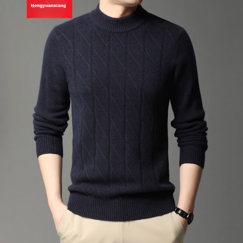 Hengyuanxiang Men's Cashmere Sweater, Autumn And Winter Thickened 100% Pure Cashmere, Business Casual Base Layer Knit Sweater, Winter Warm Clothing