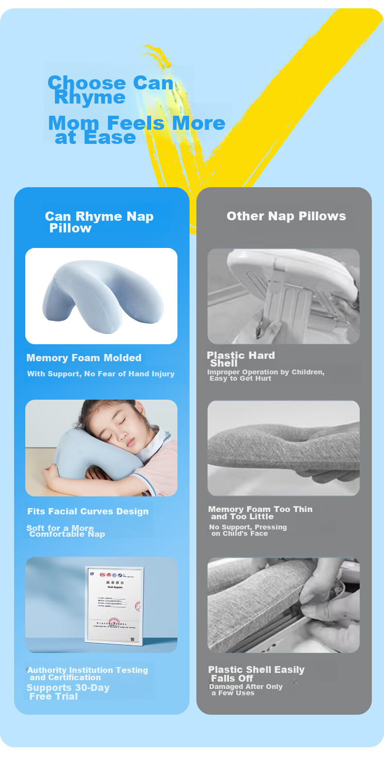 CORY Nap Pillow, Elementary School Student Hugging Pillow, Children's Prone Sleeping Pillow, Portable Nap Pillow for Office Breaks And Rest, Bamboo Charcoal Blue 2
